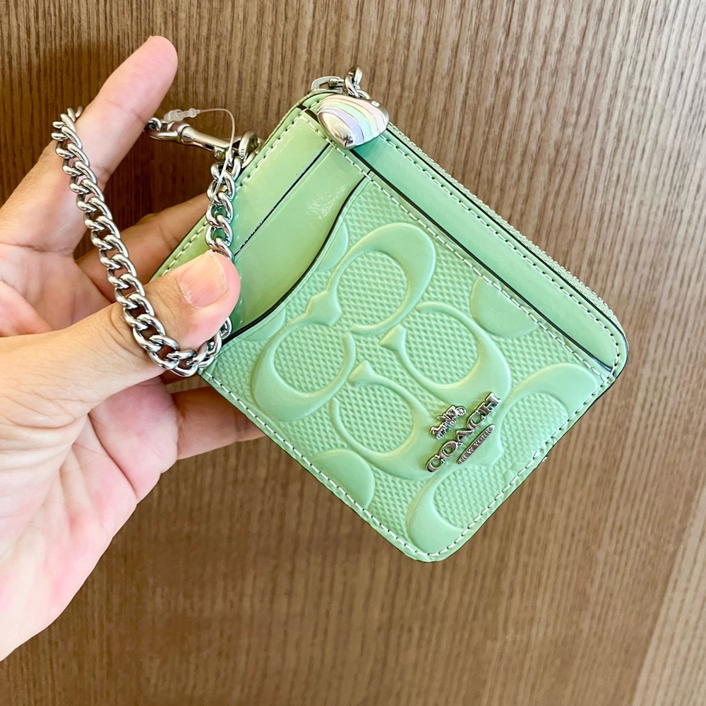 Coach Mint Green Zip Card Case with Chain - Picture 3 of 7